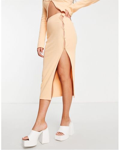 Public Desire Rib Midi Skirt With Button Detail Co Ord - Natural