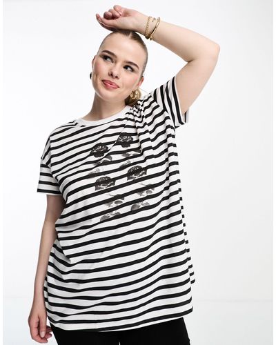 Yours Stripe T-shirt With Rose Print - White