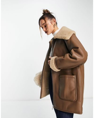 Mango Aviator Jacket With Faux Fur Lining - Brown