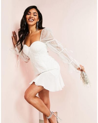 ASOS Ruched Mini Dress With Organza Blouson Sleeves And Tie Detail - Natural