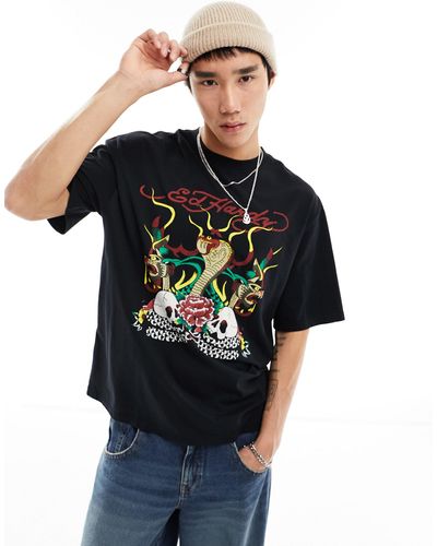 Ed Hardy T-shirt oversize slavata con grafica di cobra - Nero