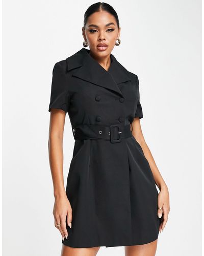 UNIQUE21 Short Sleeve Belted Blazer Dress - Black