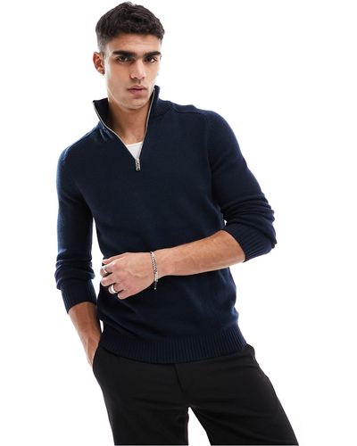 SELECTED Wool Mix High Neck 3/4 Zip Sweater - Blue