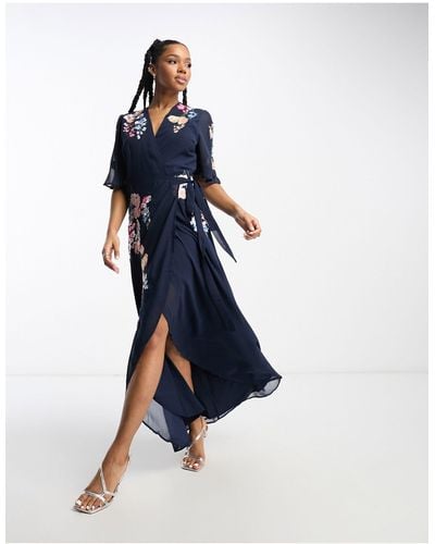 Hope & Ivy Flutter Sleeve Embroidered Wrap Maxi Dress - Blue