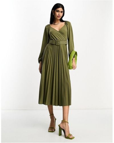 ASOS Wrap Front Midi Dress With Pleat Skirt And Belt - Green
