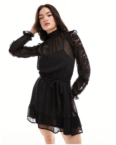 New Look Long Sleeve Ruffle Detail Chiffon Mini Dress - Black