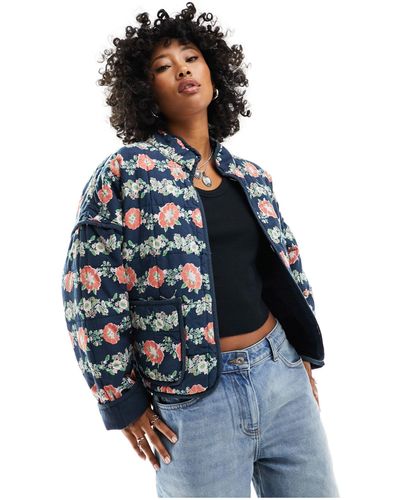 Free People Floral Print Quilted Jacket - Blue