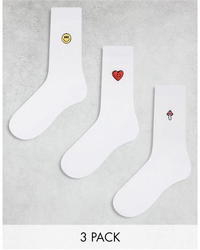 ASOS 3 Pack Sock With Mushroom, Smile And Heart Embroidery - White