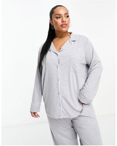 ASOS Asos Design Curve Soft Jersey Long Sleeve Shirt & Trouser Pajama Set With Contrast Piping - Gray