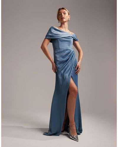 ASOS Bridesmaid Satin Bardot Drape Wrap Maxi Dress - Blue