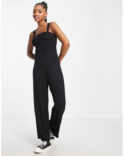 Brave Soul – calla – geraffter camisole-culotte-jumpsuit - Schwarz