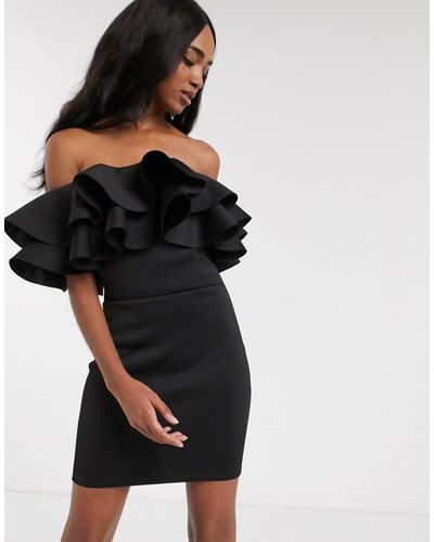 True Violet Exclusive exaggerated Frill Bardot Mini Dress - Black