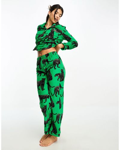 Chelsea Peers Exclusive Velour Panther Print Top And Trousers Pyjama Set - Green