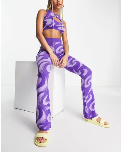 AsYou Pantalon d'ensemble évasé en maille à imprimé tourbillon - violet