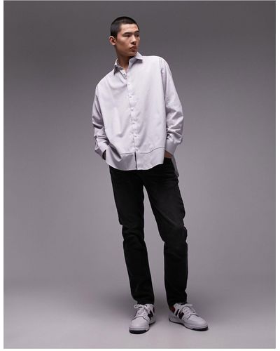 TOPMAN Long Sleeve Oversized Double Hem Stripe Shirt - Grey