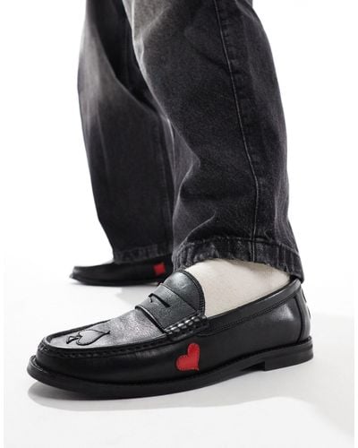 ASOS Leather Loafers With Red And White Detailing - Black