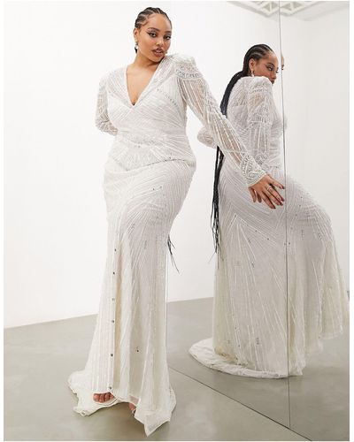 ASOS Asos Design Curve Millie Long Sleeve Vintage Artwork Sequin And Bead Maxi Wedding Dress - Natural