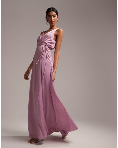 ASOS Bridesmaid Satin Wrap Maxi Dress With Tie Detail - Purple