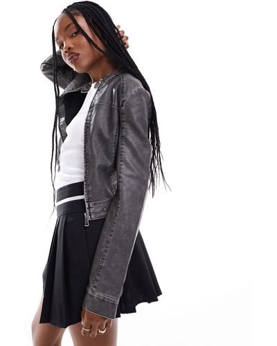 Pimkie Distressed Leather Look Zip Through Fitted Biker Jacket - Grey