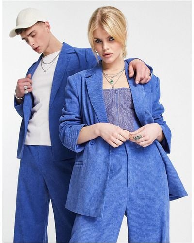 Reclaimed (vintage) Unisex - blazer squadrato unisex a coste, colore blu