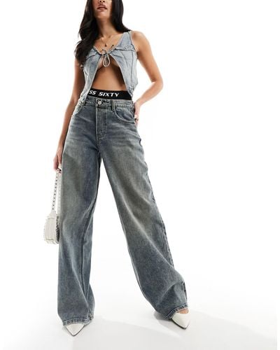 Miss Sixty Wide Leg Denim Jeans With Double Layered Boxer Trim - Blue