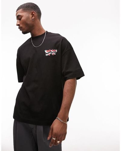 TOPMAN Extreme Oversized Fit T-shirt With Front And Back Love Hate Tattoo Embroidery - Black