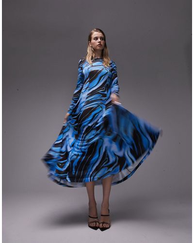 TOPSHOP Abstract Swirl Full Skirt Midi Dress - Blue