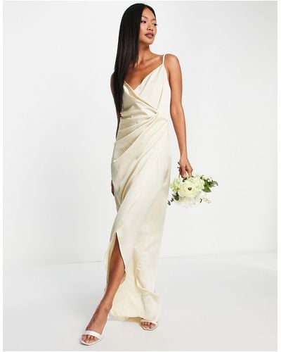 Liquorish Bridesmaid Cami Strap Satin Wrap Maxi Dress - White