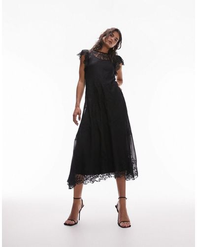 TOPSHOP Lace Detail Short Sleeve Midi Dress - Black