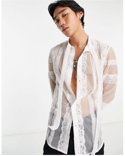 ASOS Doorschijnend Overhemd Met Kanten Detail En Strik Aan - Wit