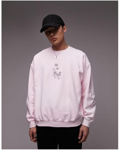 TOPMAN Oversized Fit Sweatshirt With Daisies Embroidery - Pink