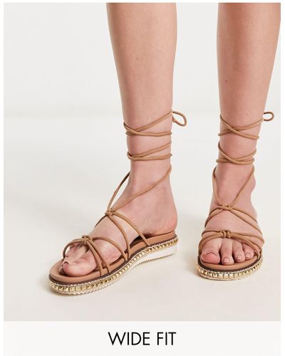 New Look Wide Fit Studded Flatform Sandals With Ankle Tie Strap - Pink