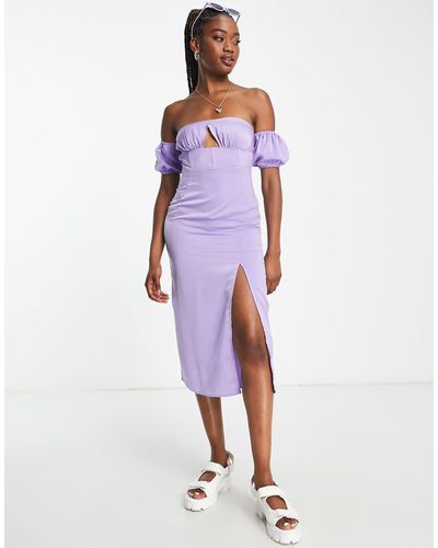 Naanaa Puff Sleeve Bardot Midi Dress - Purple