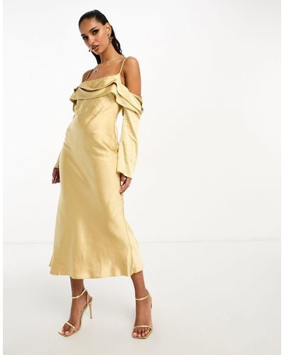 ASOS Satin Off Shoulder Midi Dress With Cami Straps - Natural
