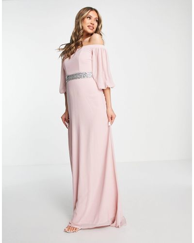 TFNC London Bridesmaid Bardot Chiffon Maxi Dress With Embellished Waist - Pink