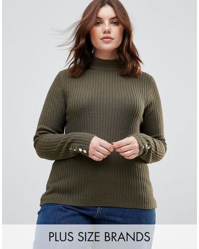 Brave Soul Plus Grace Rib Turtleneck Sweater With Button Cuffs - Green