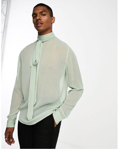 ASOS Relaxed Long Sleeve Sheer Crepe Shirt With High Neck Pussy Bow Tie - Green