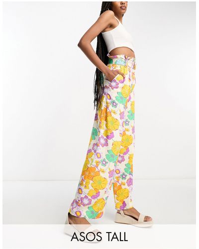 ASOS Asos Design Tall Oversized Floral Printed Paperbag Waist Wide Leg Trouser With Linen - White