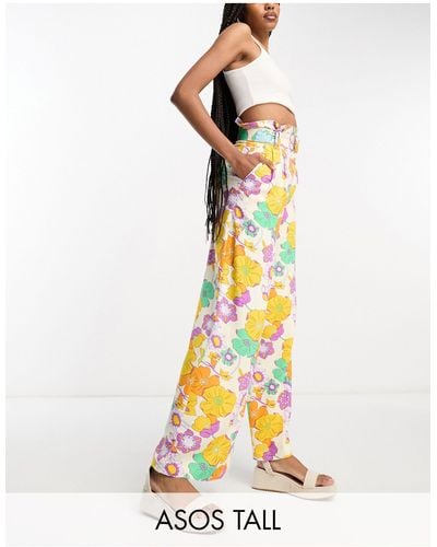 ASOS Asos design tall - pantalon large oversize en lin mélangé à imprimé fleurs avec taille haute froncée - Blanc