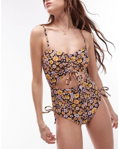 TOPSHOP Cut Out Ruched Side Swimsuit - Brown