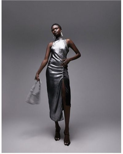 TOPSHOP Metallic Halter Neck Midi Dress With Ruched Side - Grey