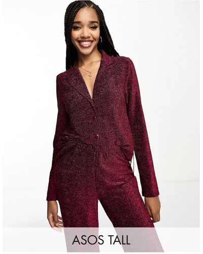 ASOS Asos Design Tall Glitter Shirt & Trouser Pyjama Set - Red