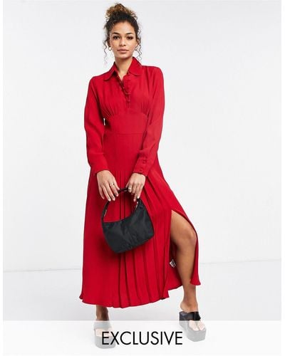 Ghost Claudette Dress With Long Sleeves And Side Split - Red