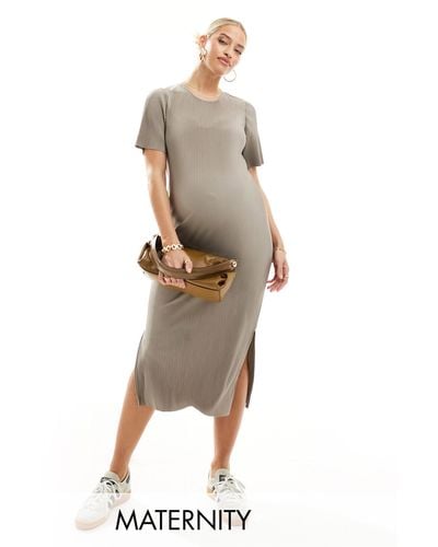 Mama.licious Mamalicious Maternity Short Sleeved Plisse Midi Dress - Natural