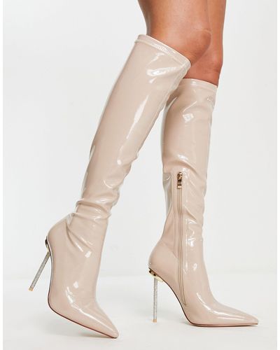 SIMMI Simmi London Demi Knee Boots With Diamante Stiletto Heel - Natural