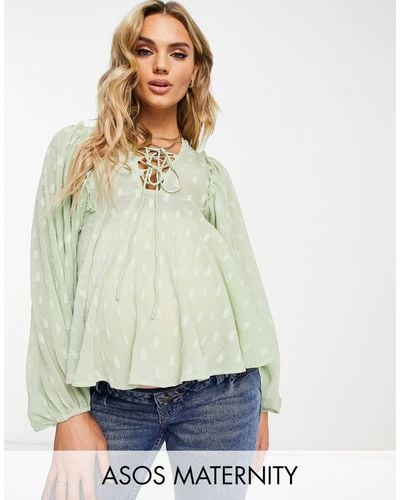 ASOS Maternity Textured Long Sleeve Blouse With Lace Up Front & Peplum Hem - White