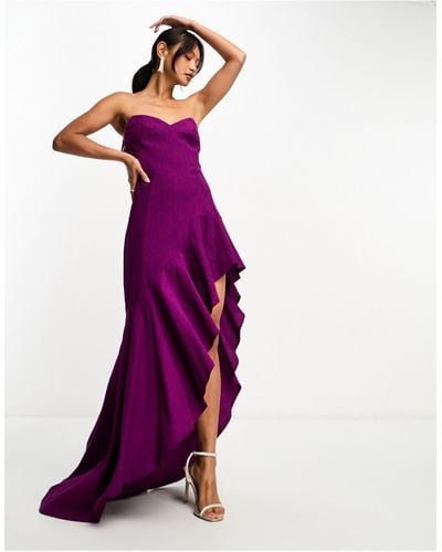 ASOS Crinkle Bandeau Ruffle Maxi Dress With Asymmetric Hem - Purple