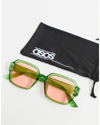 ASOS Mid Square Sunglasses With Pink Lens - Green