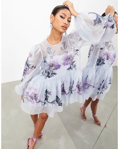ASOS Oversized Organza Mini Smock Dress With Floral Embroidery - Blue