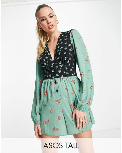 ASOS Asos Design Tall Bubble Crepe Plunge Neck Romper With Puff Sleeve - Green